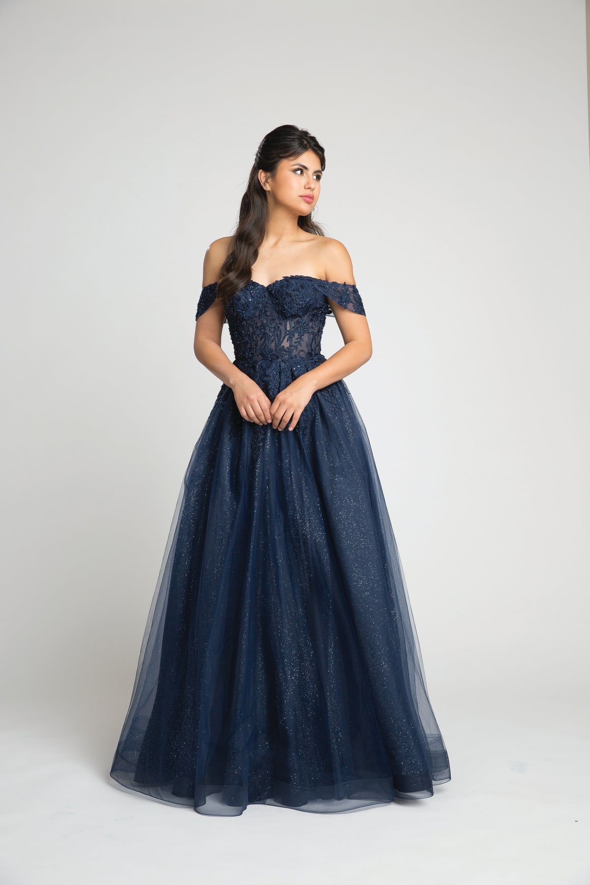 Fiesta 10304 Off Shoulder Shimmering Lace Embroidered Dress - NORMA REED