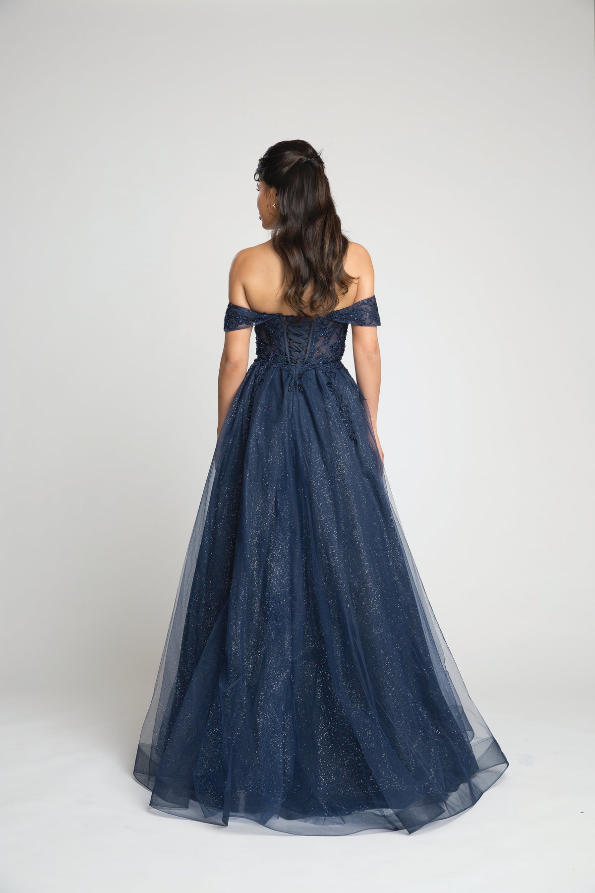 Fiesta 10304 Off Shoulder Shimmering Lace Embroidered Dress - NORMA REED