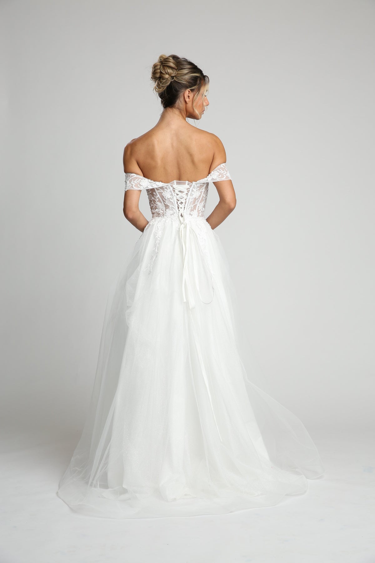 Fiesta 10304 Off Shoulder Shimmering Lace Embroidered Dress - NORMA REED