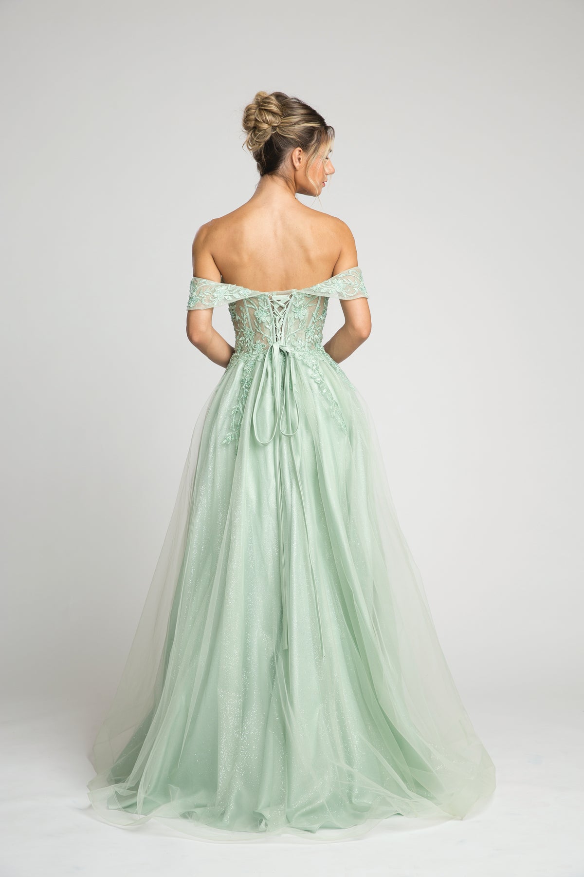 Fiesta 10304 Off Shoulder Shimmering Lace Embroidered Dress - NORMA REED