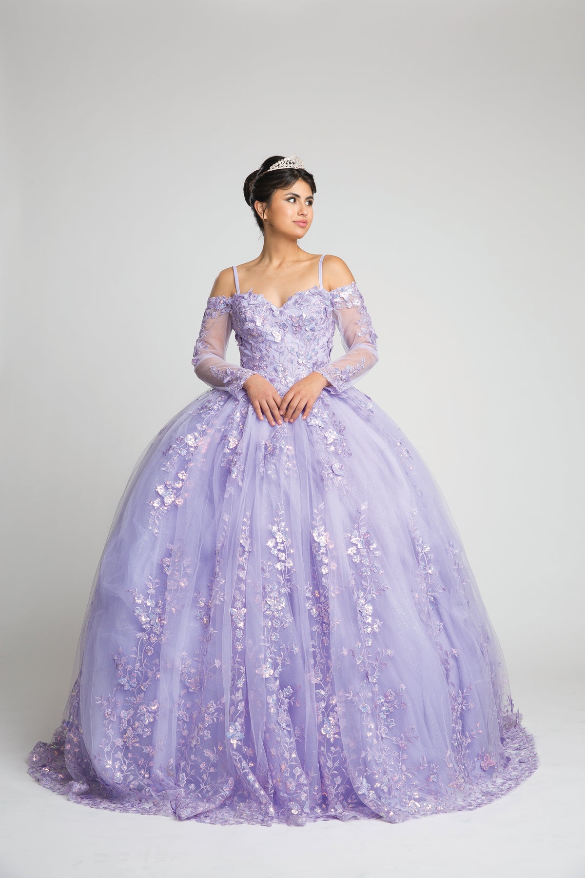 Fiesta 10309 Lilac Lace Embroidered Ball Gown with Sleeves - NORMA REED