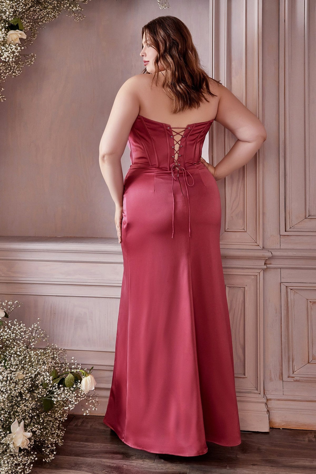Cinderella Divine 7484C Plus Size Off Shoulder Slit Leg Corset Dress - NORMA REED