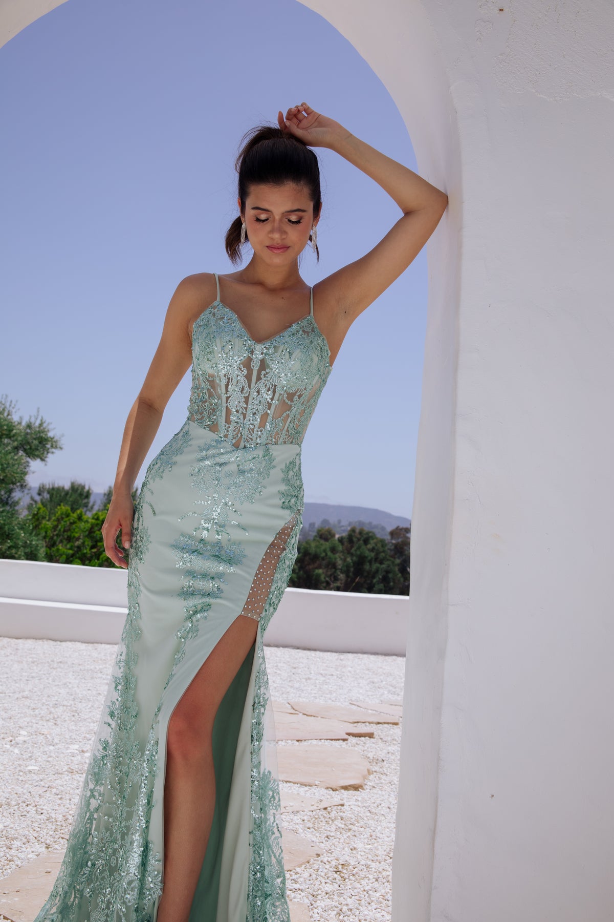 Eureka 9188 Slit Leg Lace Sparkle Dress - NORMA REED
