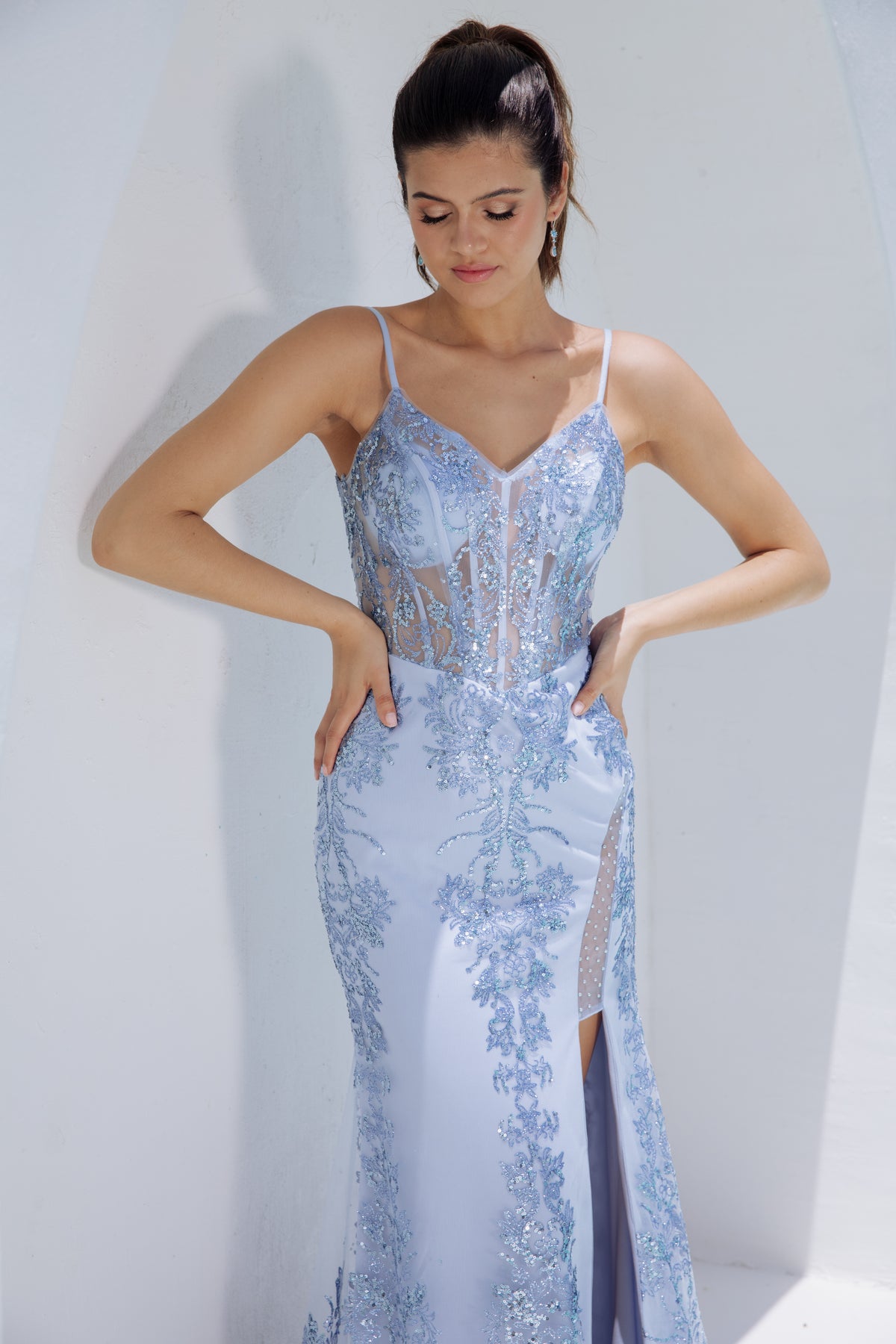 Eureka 9188 Slit Leg Lace Sparkle Dress - NORMA REED