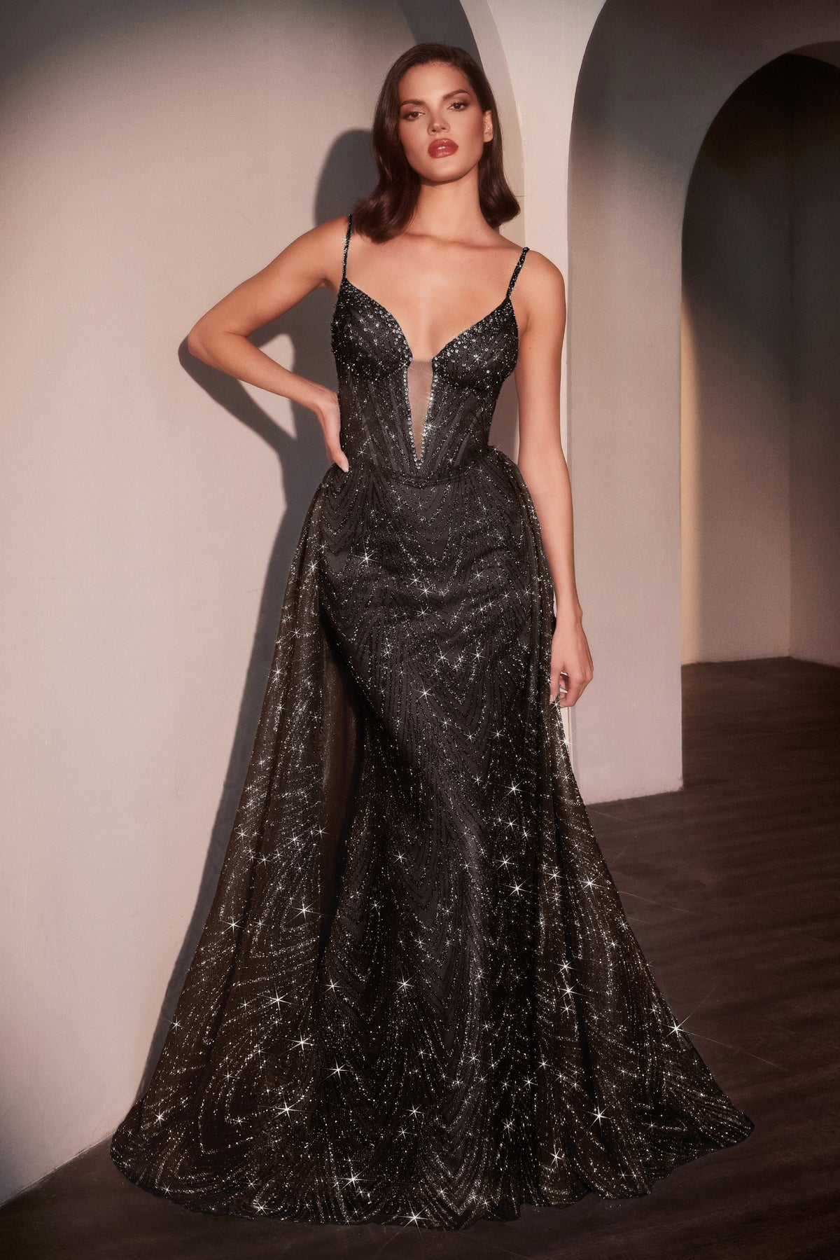 Ladivine C167 Glitter Printed Fitted Dress with Overskirt - NORMA REED
