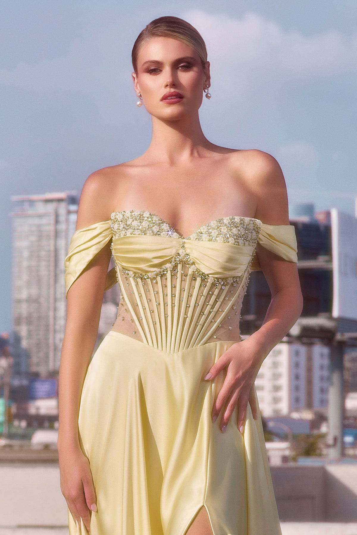 Ladivine CD297 Strapless Crystal Beaded Satin A Line Dress - NORMA REED