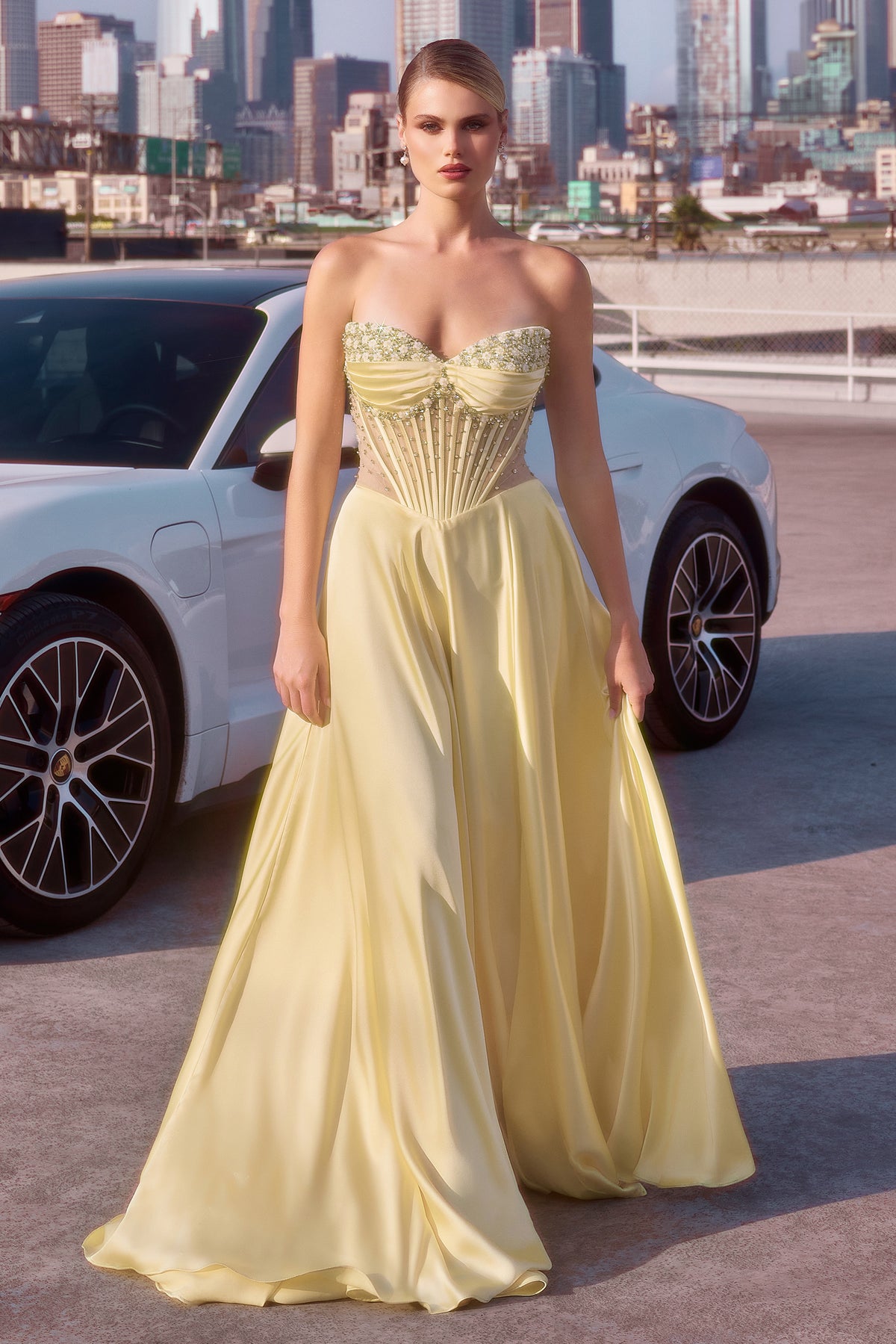 Ladivine CD297 Strapless Crystal Beaded Satin A Line Dress - NORMA REED