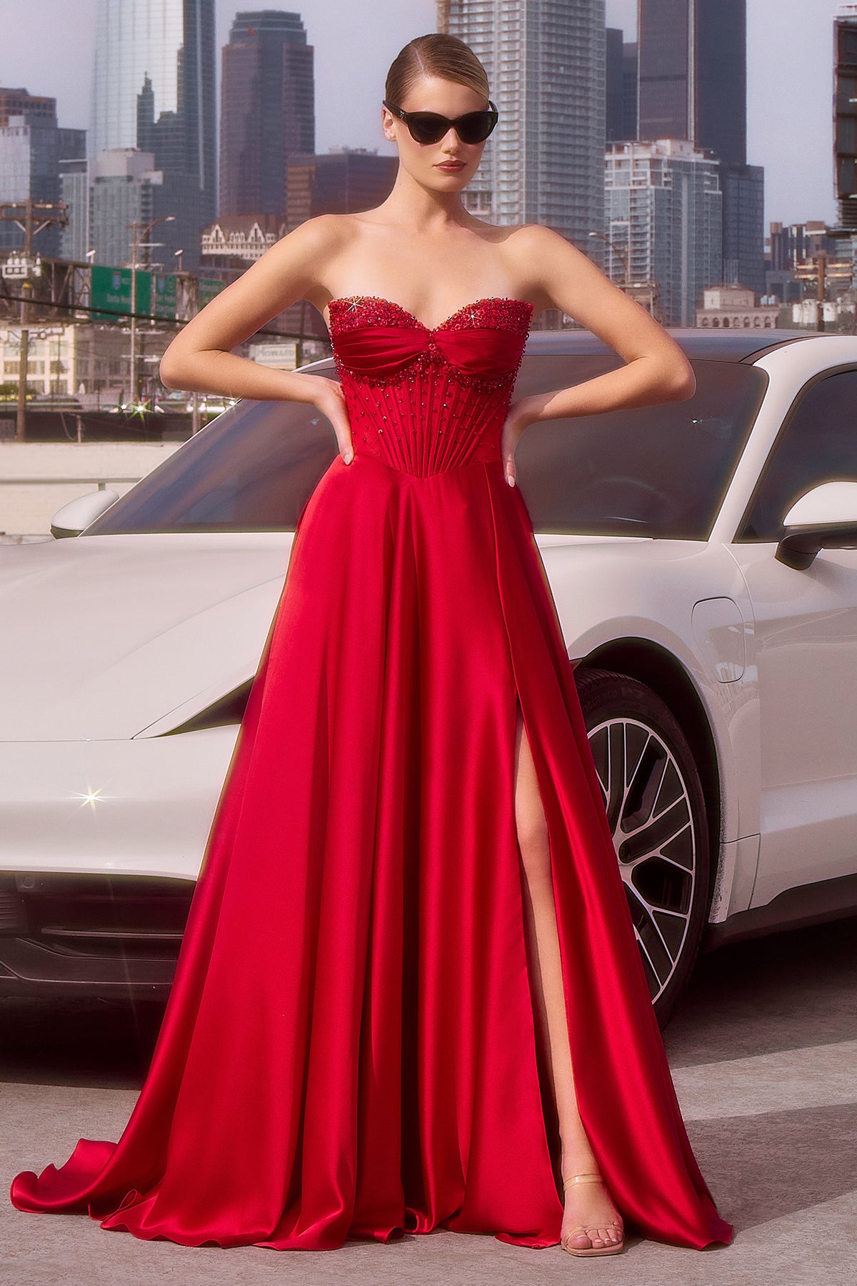 Ladivine CD297 Strapless Crystal Beaded Satin A Line Dress - NORMA REED