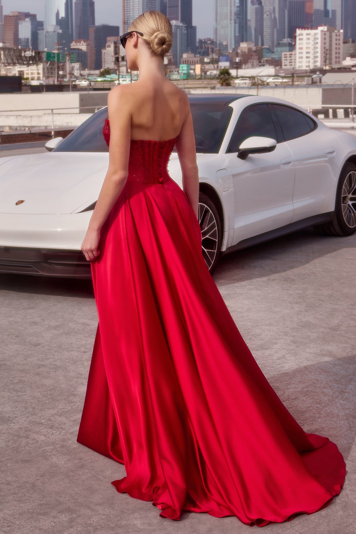 Ladivine CD297 Strapless Crystal Beaded Satin A Line Dress - NORMA REED