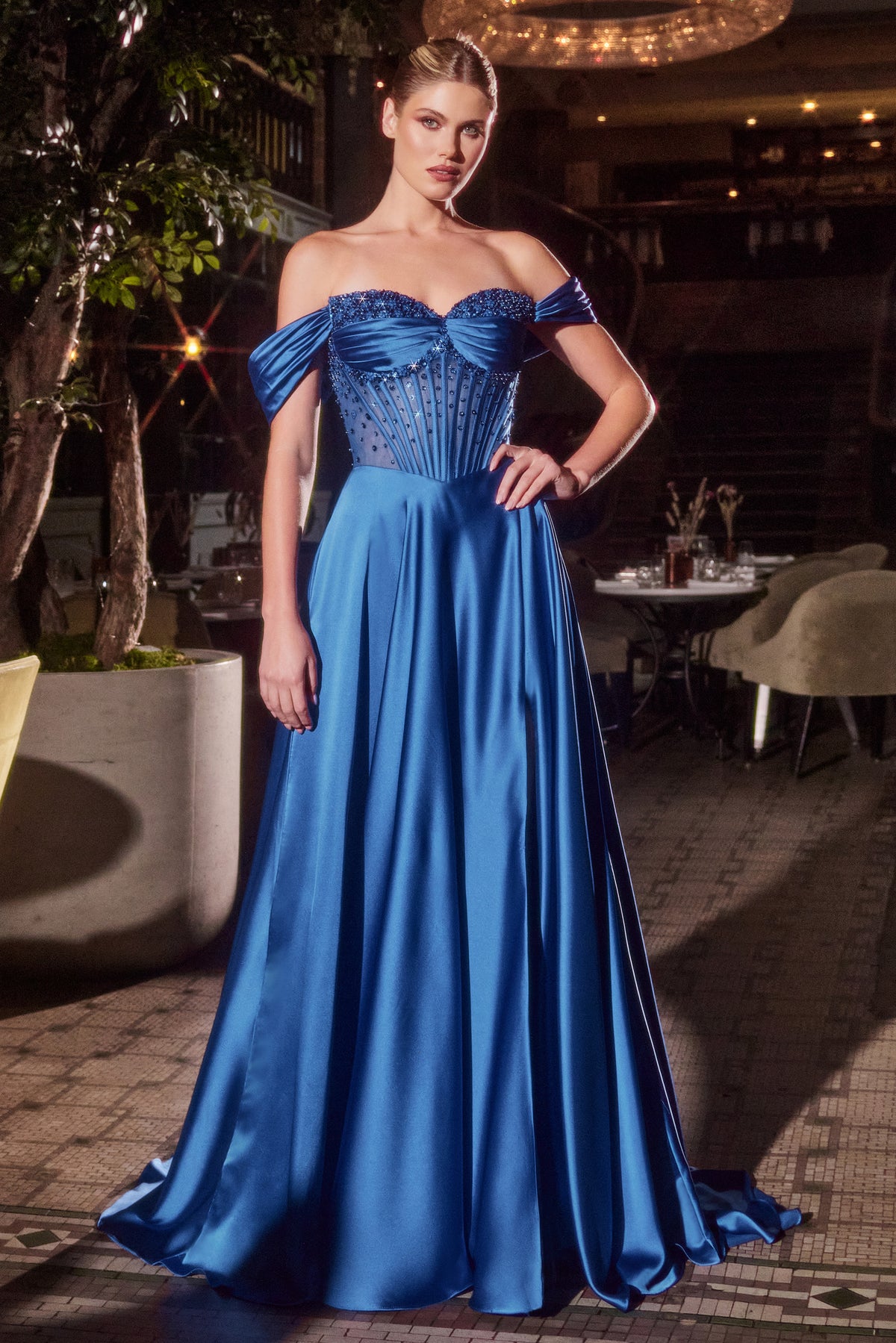 Ladivine CD297 Strapless Crystal Beaded Satin A Line Dress - NORMA REED