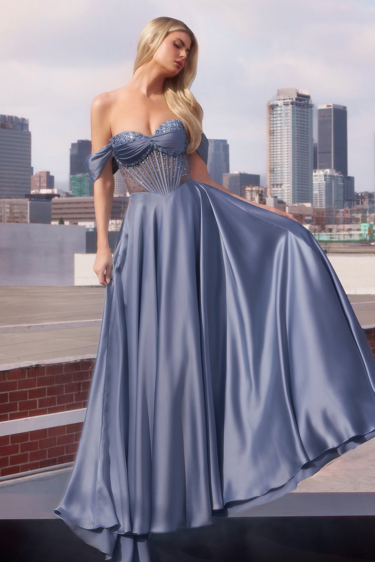 Ladivine CD297 Strapless Crystal Beaded Satin A Line Dress - NORMA REED