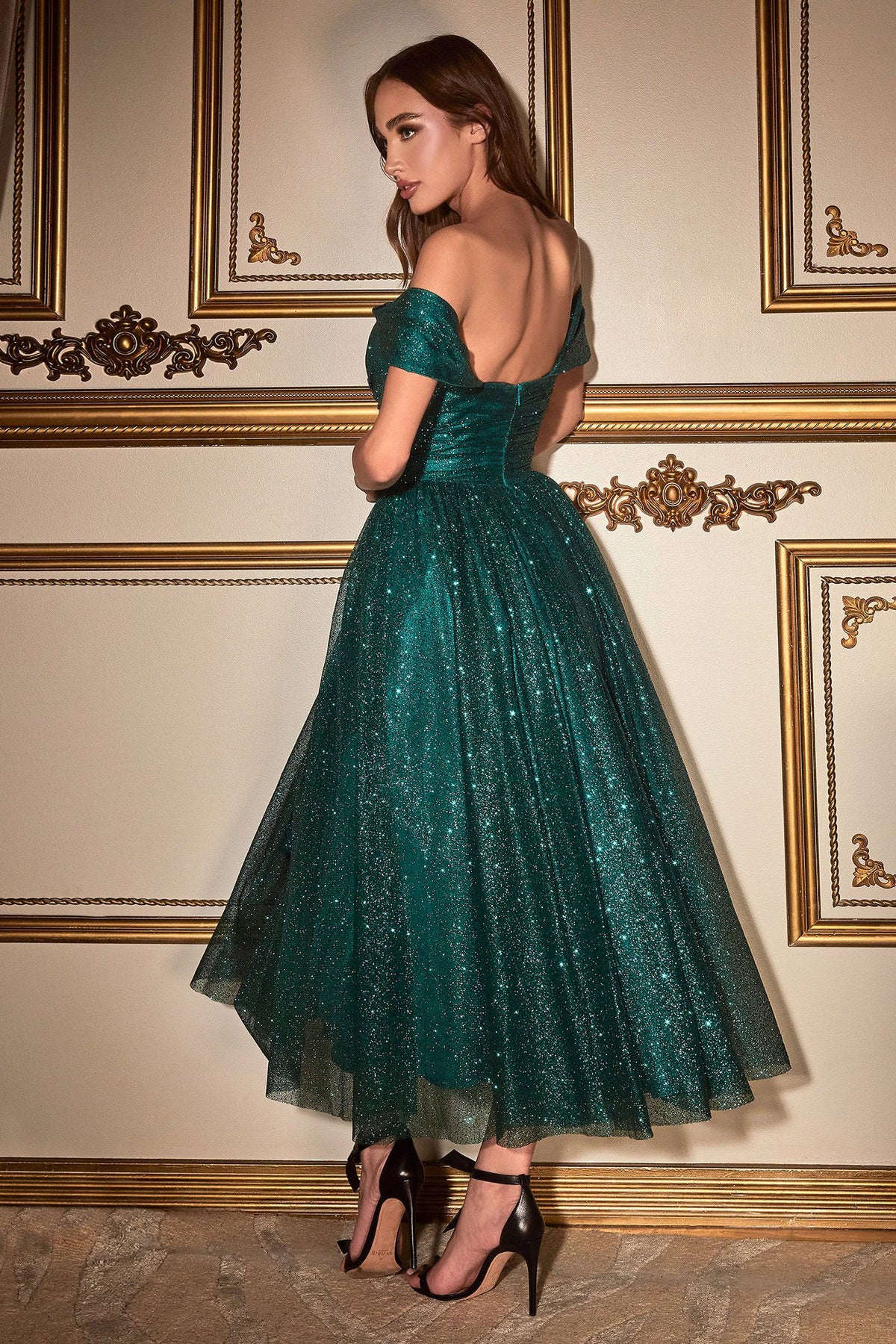 Ladivine CD870 Cinderella Divine Off Shoulder Tea Length Glitter Dress - NORMA REED