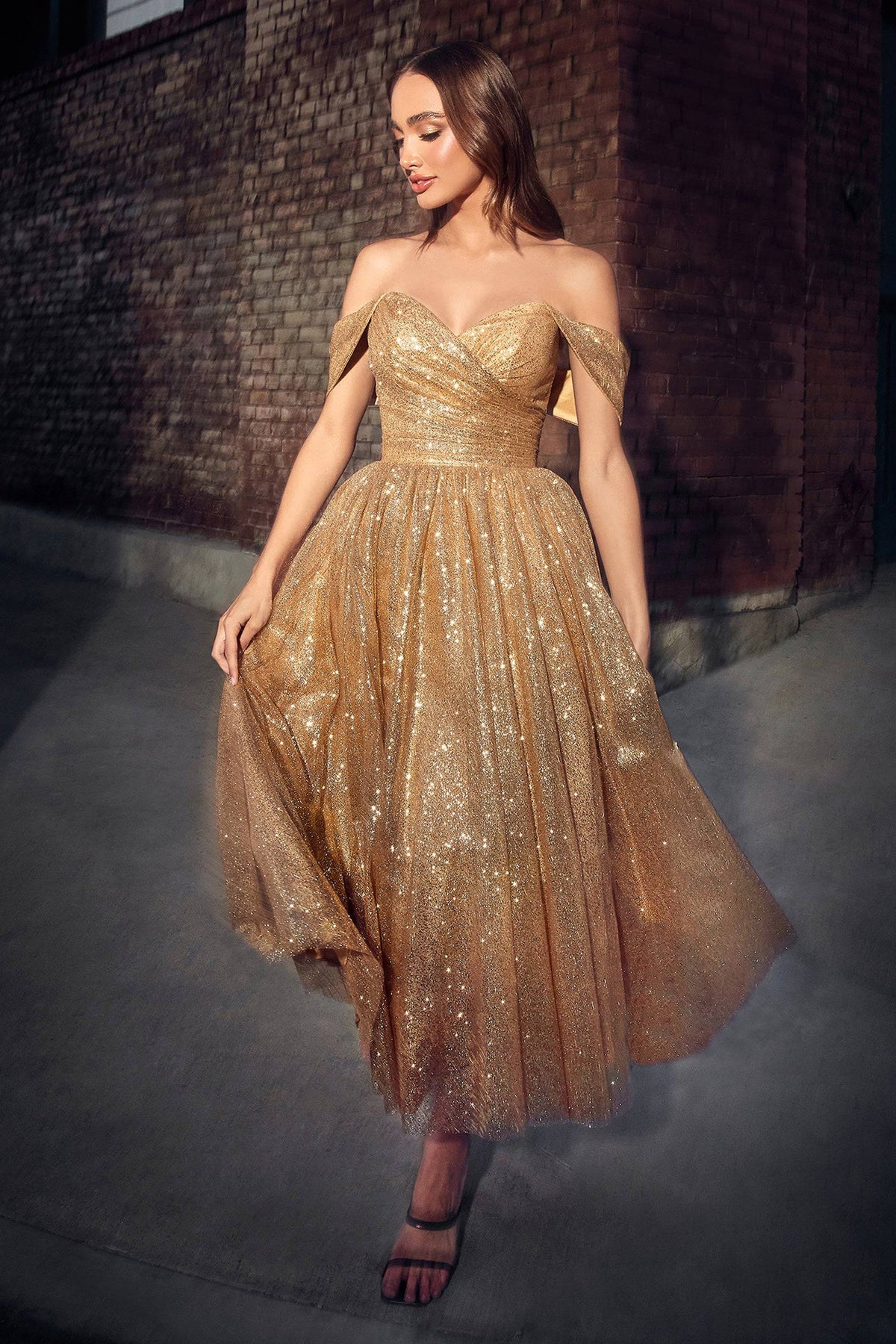Ladivine CD870 Cinderella Divine Off Shoulder Tea Length Glitter Dress - NORMA REED