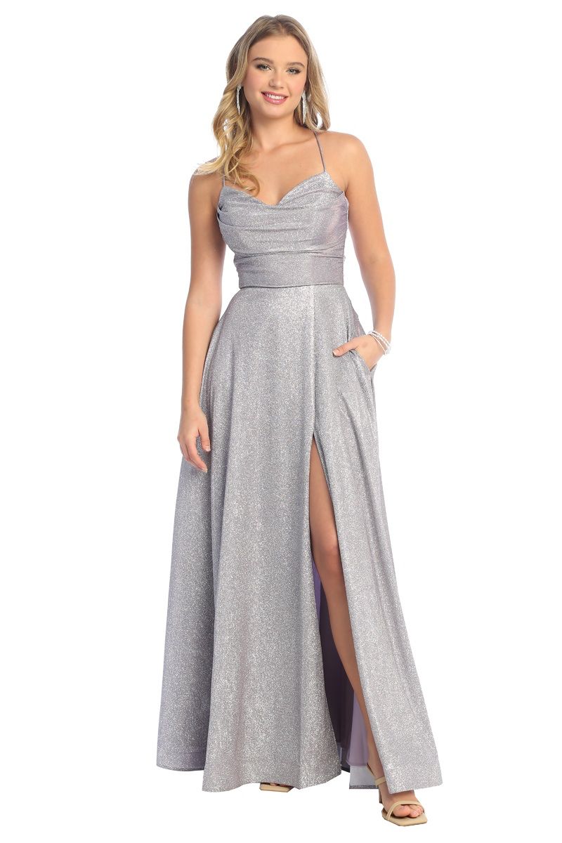 Cindy Collection 1774 Slit Leg Sparkling A Line Dress with Pockets - NORMA REED