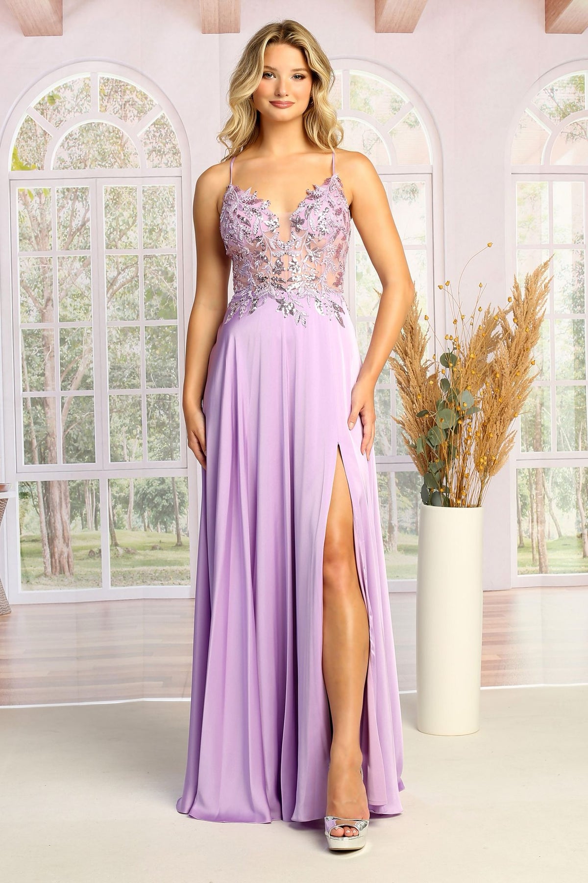 Cindy Collection 50452 Sparkling Lace Embroidered Slit Leg Dress - NORMA REED