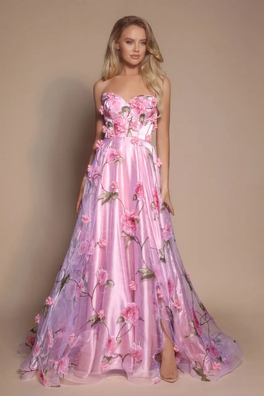 strapless open back dress Portia & Scarlett PS22538: Multi-Color Sequinned Foliage Evening Gown –  Madeline's Boutique Boca Raton