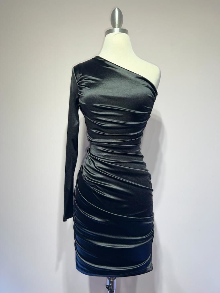 Ladivine B2313 Short Stretch Satin One Sleeve Dress - NORMA REED