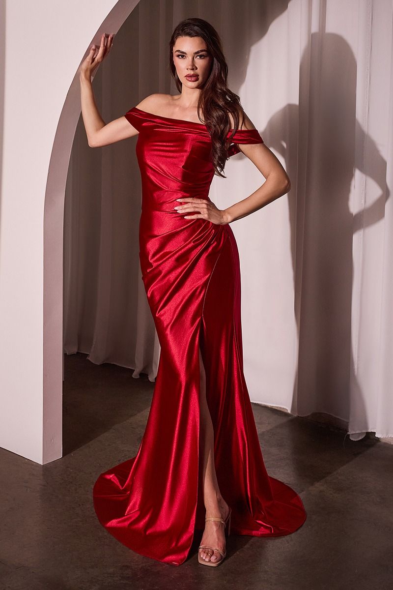 Ladivine J877 Glistening Satin Off the Shoulder Pleated Gown - NORMA REED