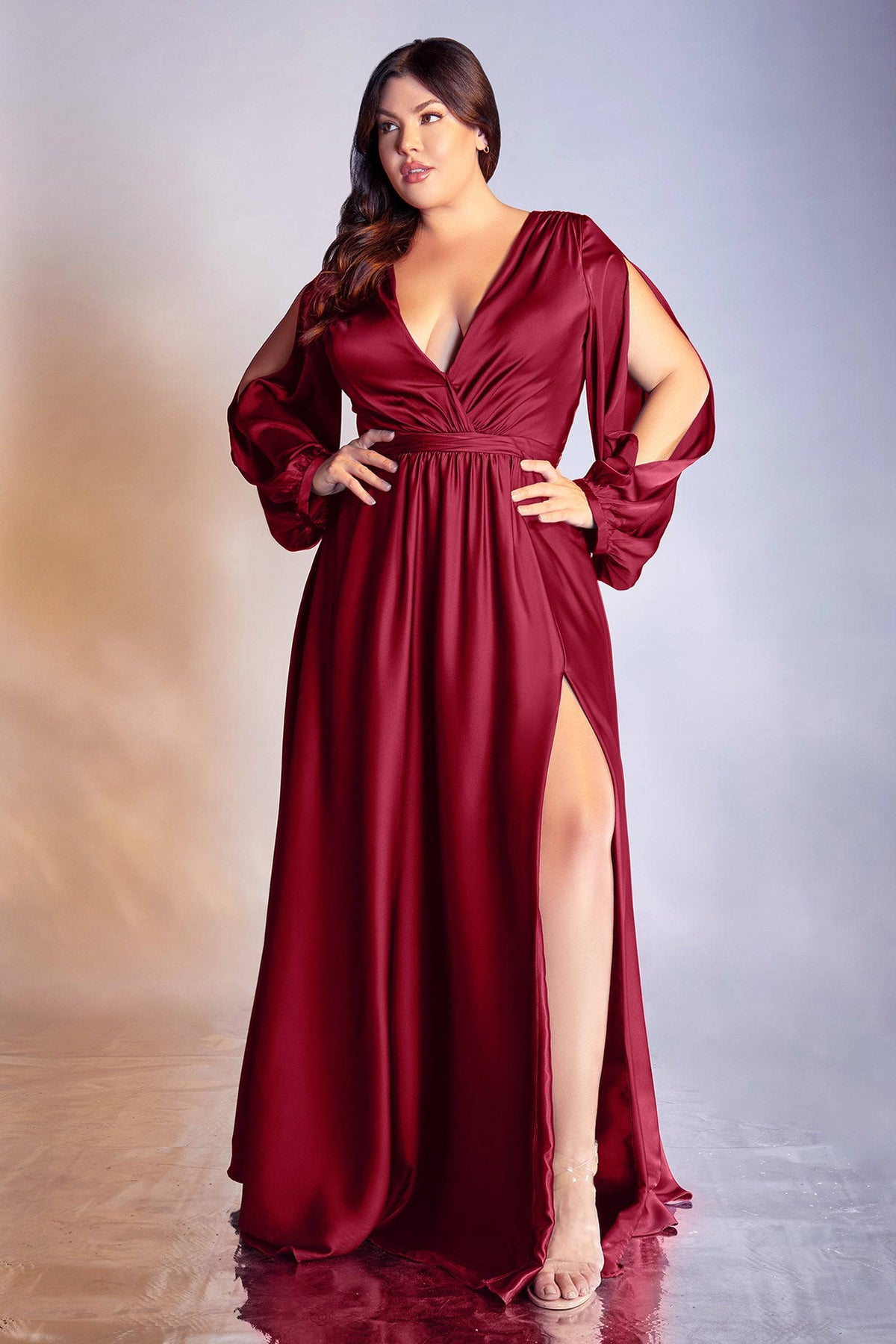 Gorgeous Plus-Size Long Gown with Slit Long Sleeves and Leg Slit #CD7475C - NORMA REED