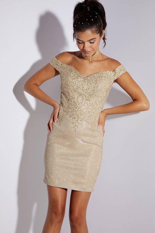 Eureka 9206 Shimmering Off Shoulder Lace Embroidered Short Dress - NORMA REED