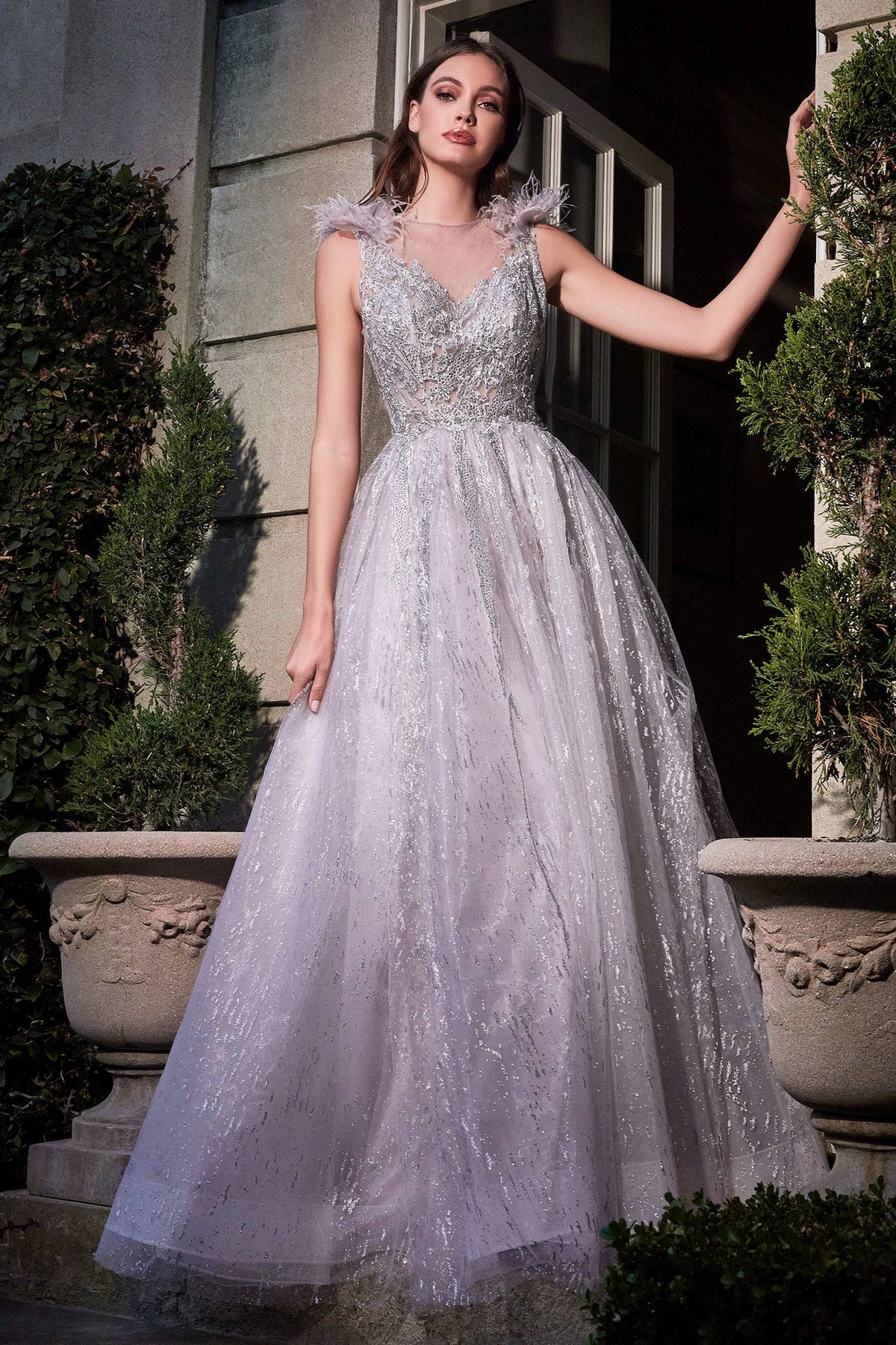 Glittery Ombre Long Dress with Sleeve Accents and Layered Skirt #CDB704 - NORMA REED