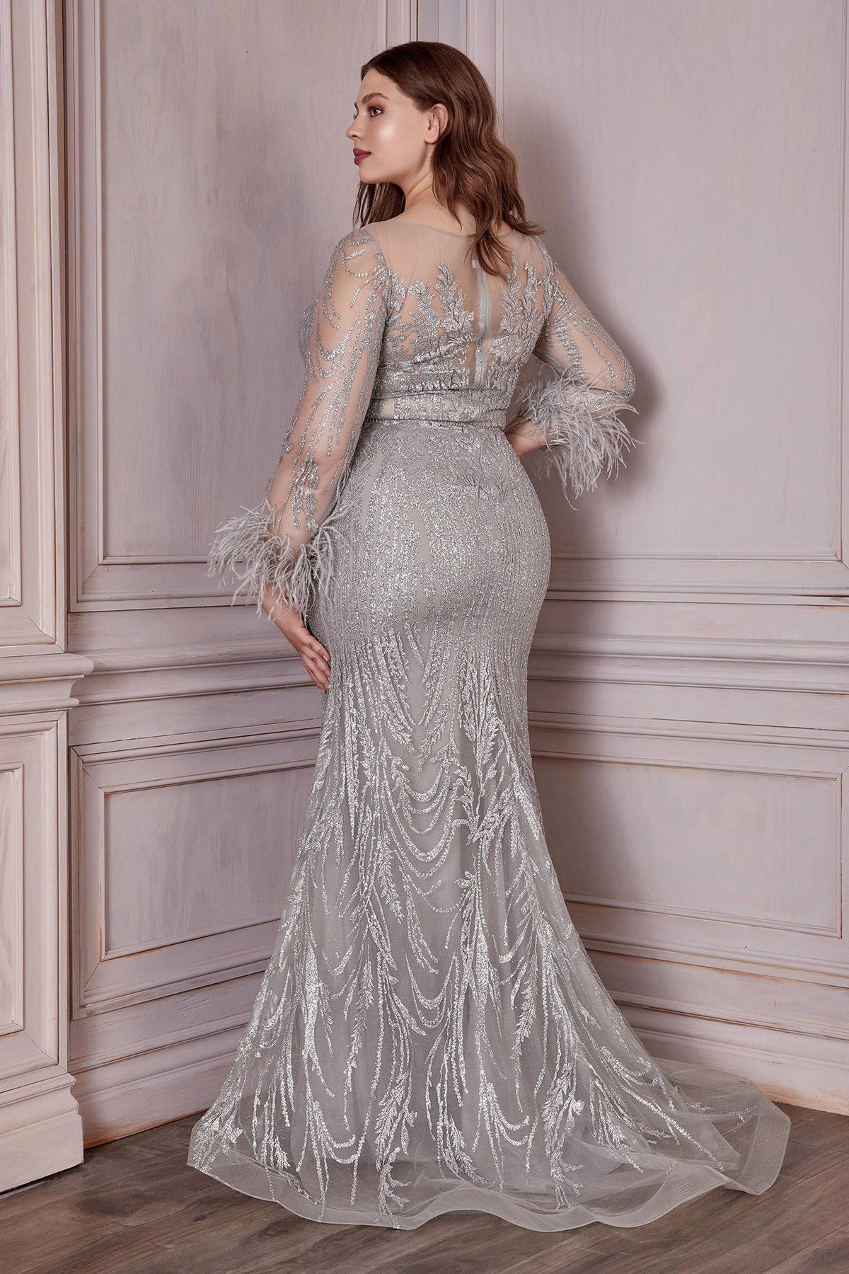 Cinderella Divine CB090 Silver Sequin & Feather Sheer Long Sleeve Dress - NORMA REED