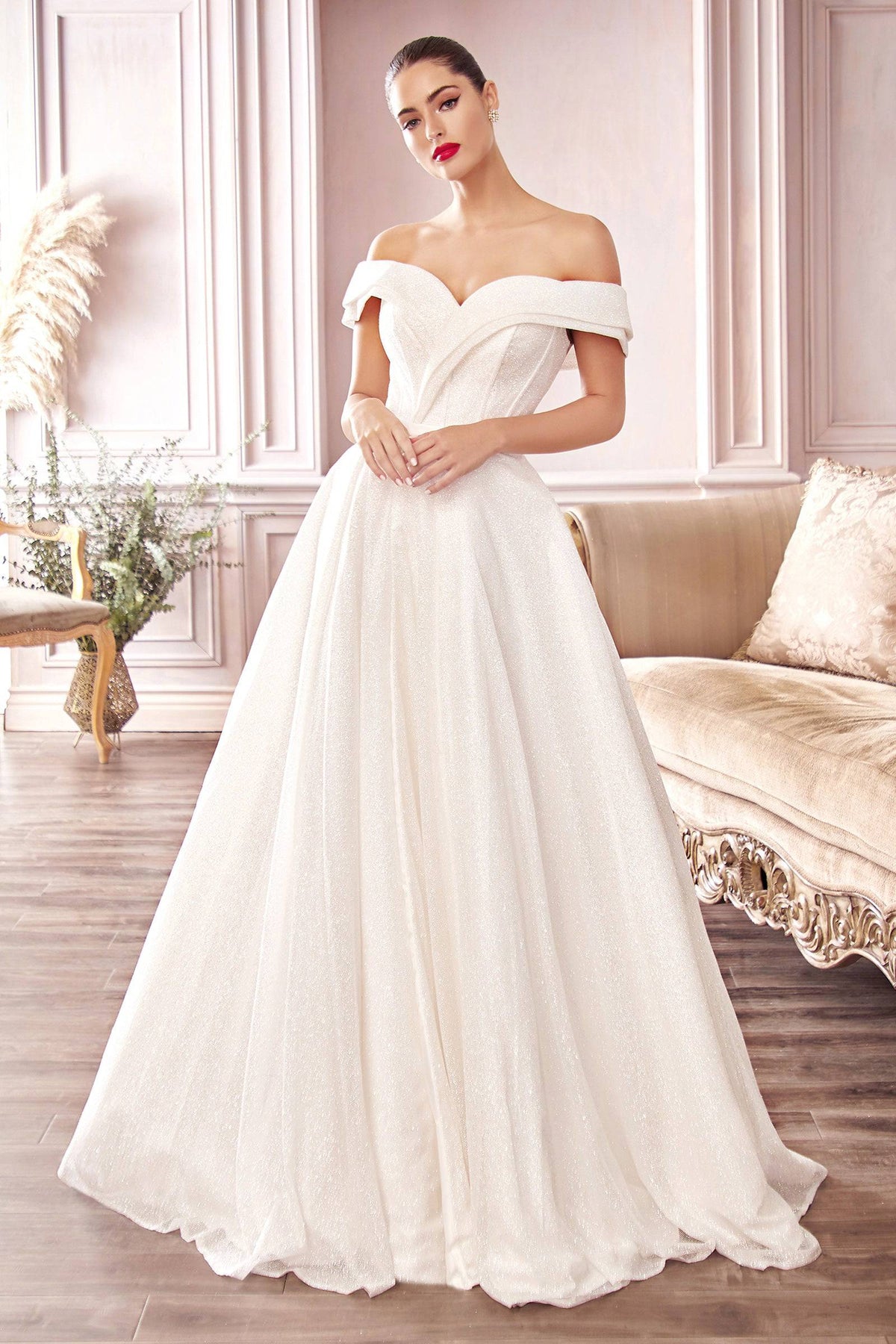 Elegant Shimmering Off Shoulder Ball Gown with Leg Slit #CDCD214W - NORMA REED