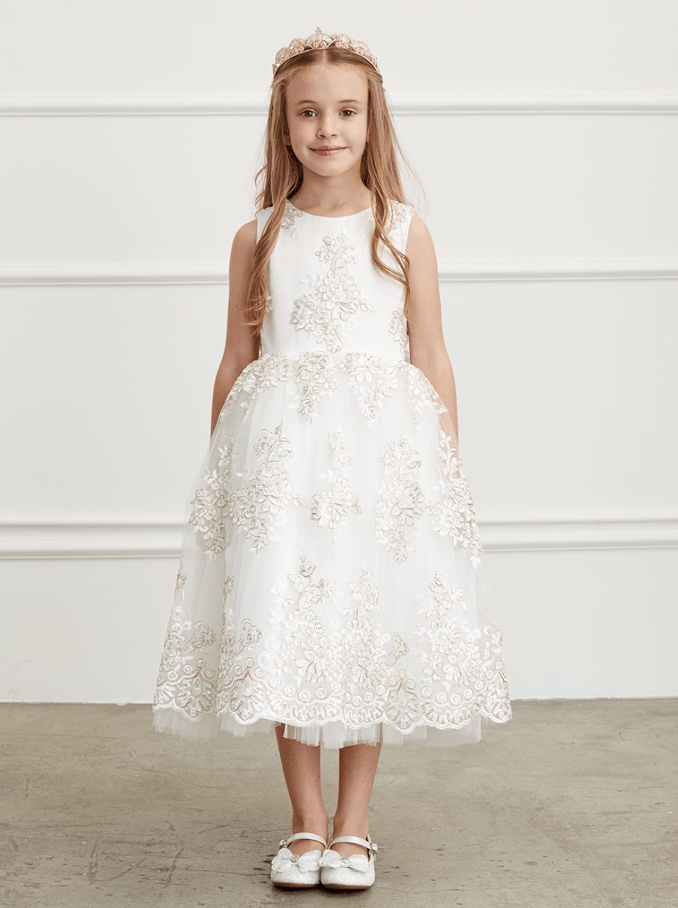 Kids Metallic Lace Embroidered Dress With Tulle Skirt #TK5816 | Norma Reed - NORMA REED