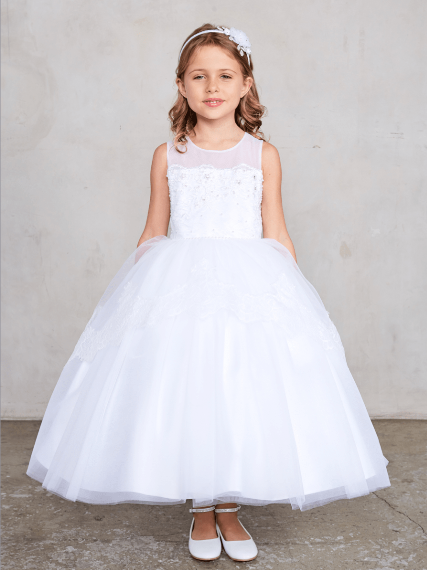 Kids Elegant Sleeveless Illusion Neckline Dress with Lace Applique #TK5794 | Norma Reed - NORMA REED