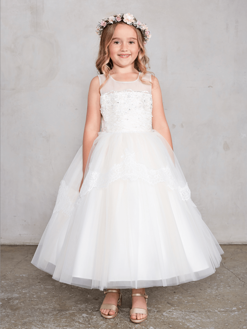 Kids Elegant Sleeveless Illusion Neckline Dress with Lace Applique #TK5794 | Norma Reed - NORMA REED