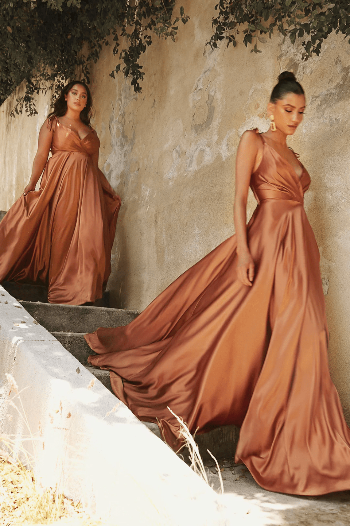 Cinderella Divine BD105 Satin Pleated V Neck Slit Leg Dress - NORMA REED