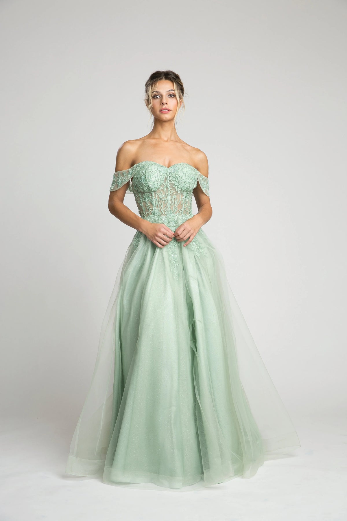 Fiesta 10304 Off Shoulder Shimmering Lace Embroidered Dress - NORMA Fiesta 10304 Off Shoulder Shimmering Lace Embroidered Dress - NORMA