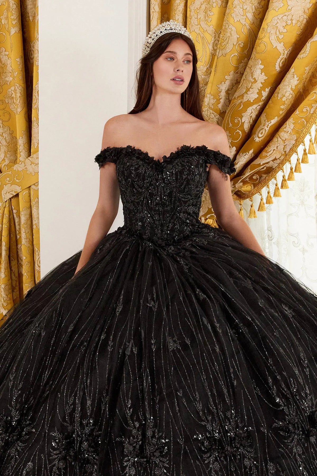 cinderella black wedding dresses Cinderella Divine 15704 Ladivine Off Shoulder Floral Quince Ball Gown
