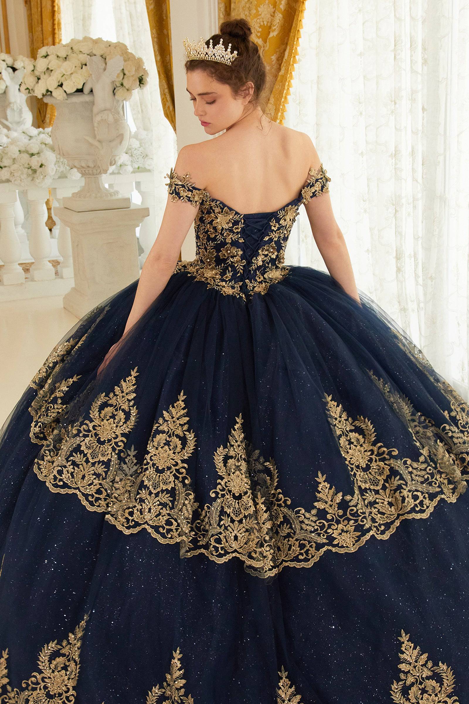 Navy blue and 2025 gold quince dress