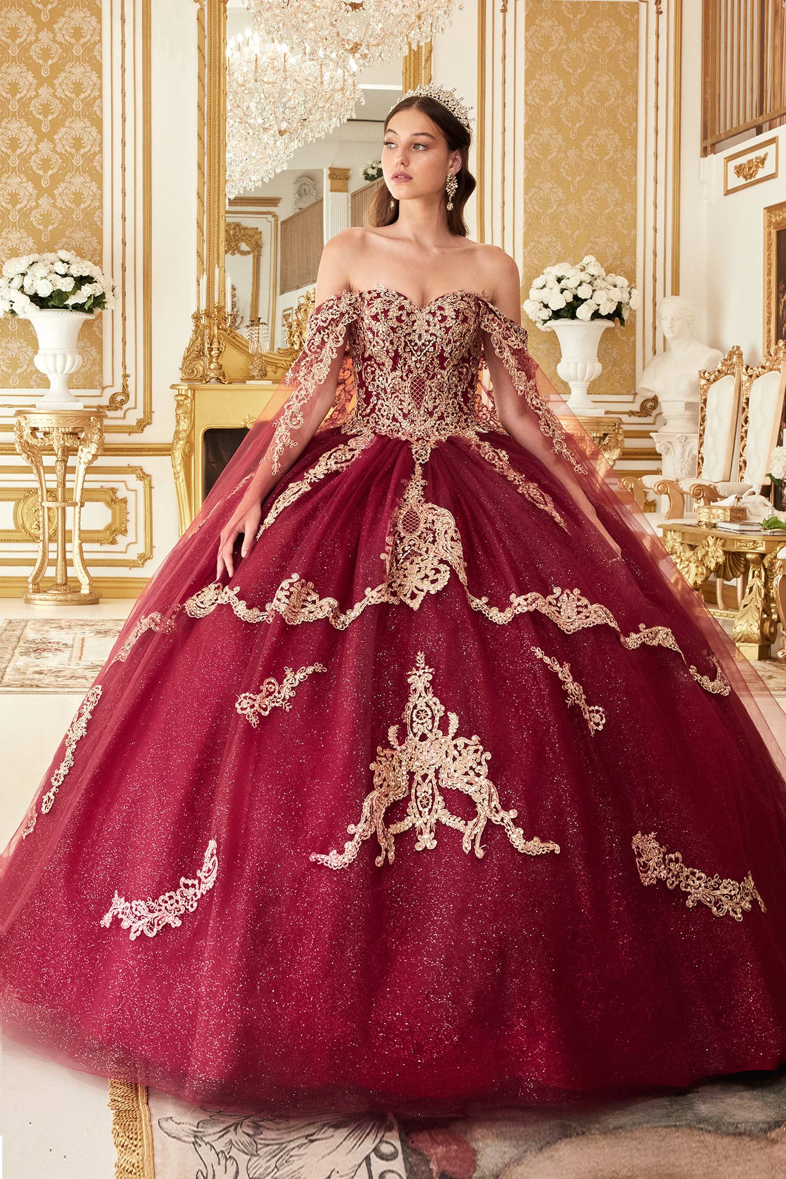 Maroon with outlet gold quinceanera dresses