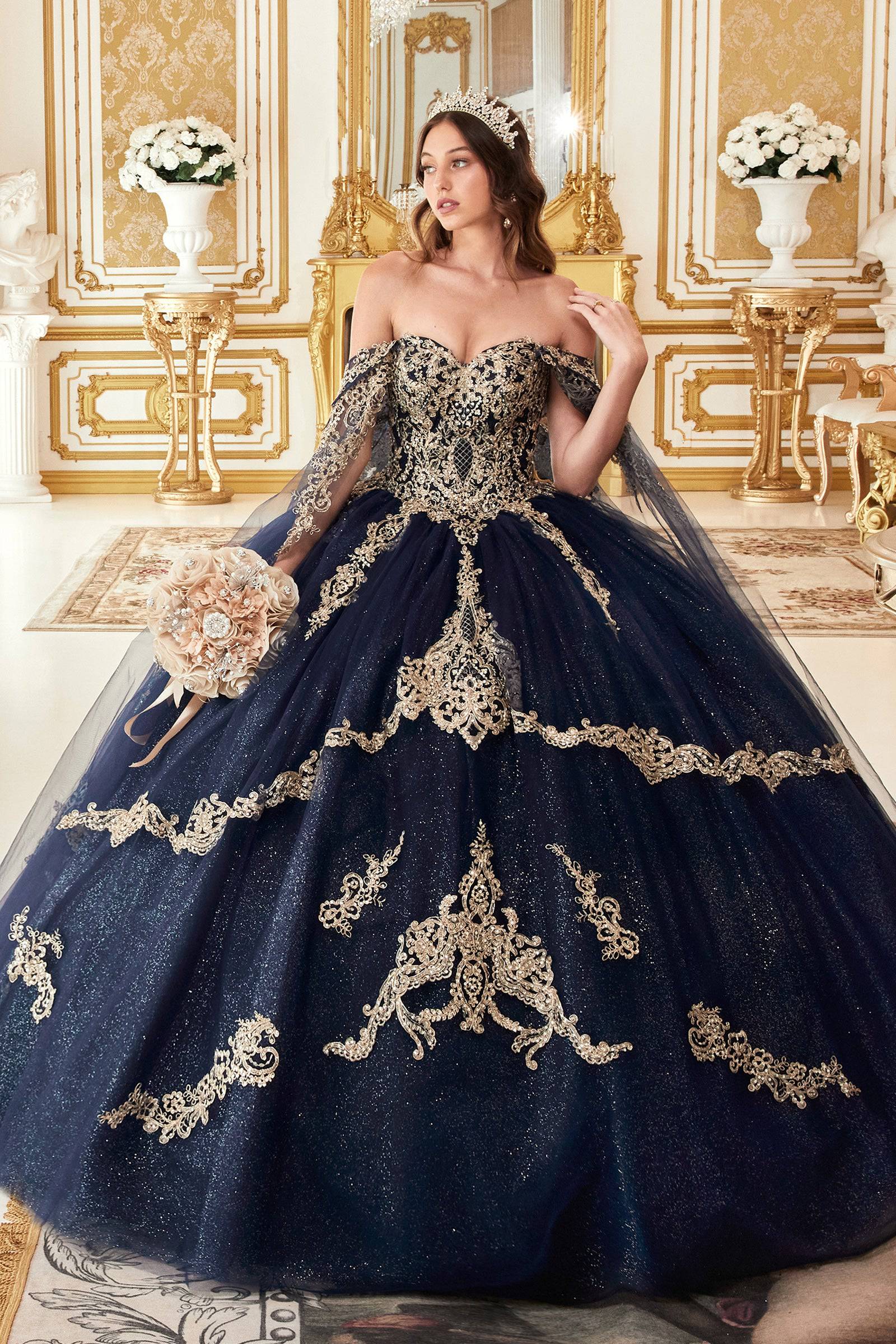 Quinceanera dresses navy store blue and gold