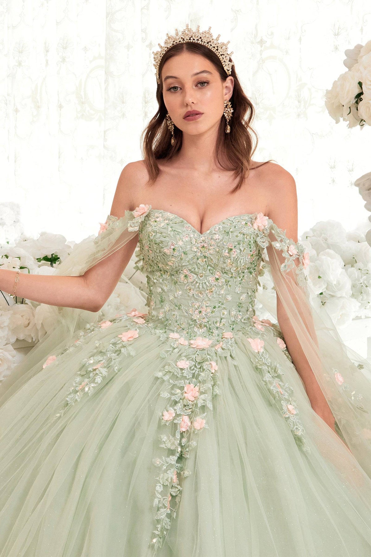 LaDivine 15716 Floral Off-The-Shoulder Streamer Quince Dress 