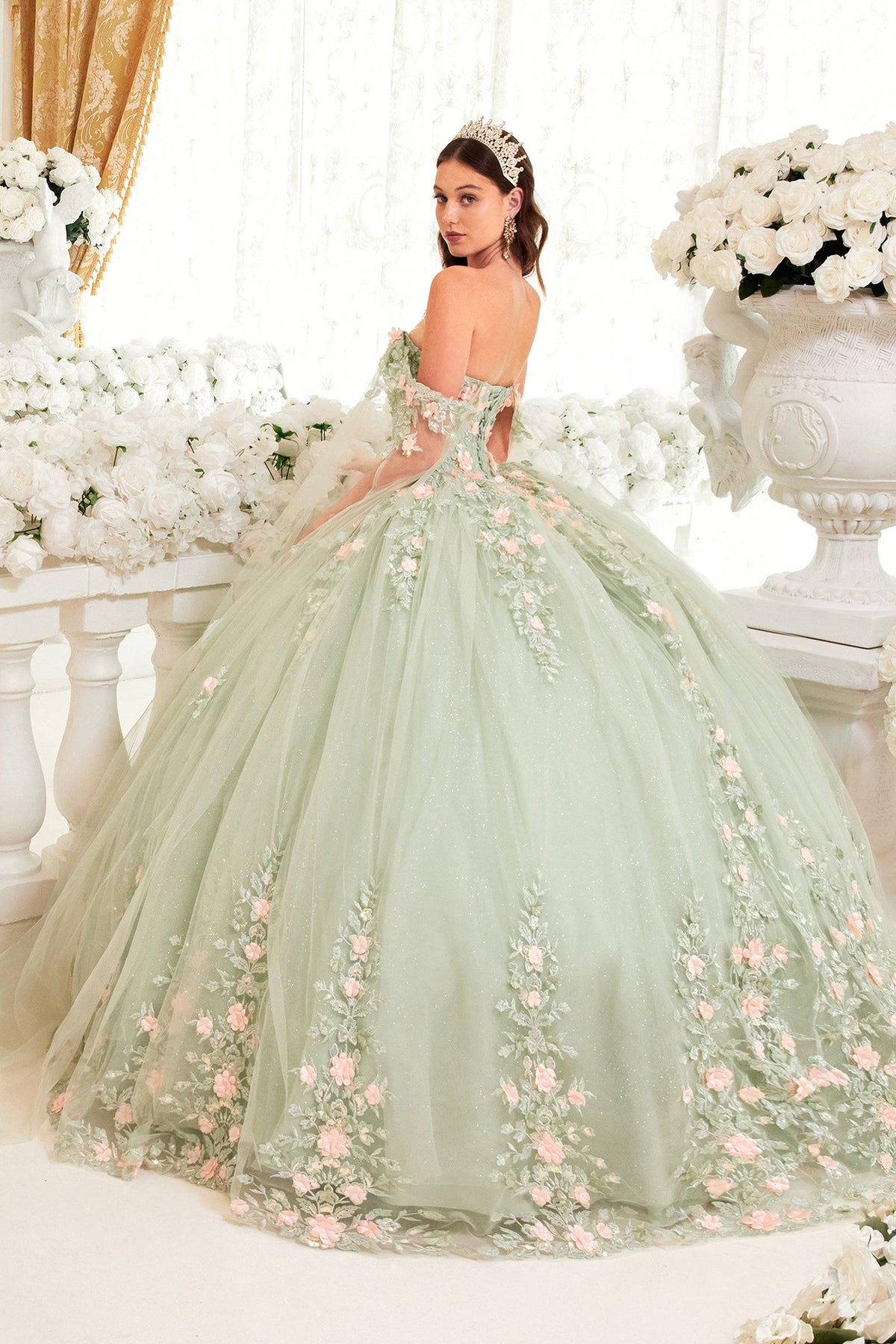 Cinderella Divine 15716 Ladivine Sage & Floral Blush Ball Gown Quinceanera Dress - NORMA REED