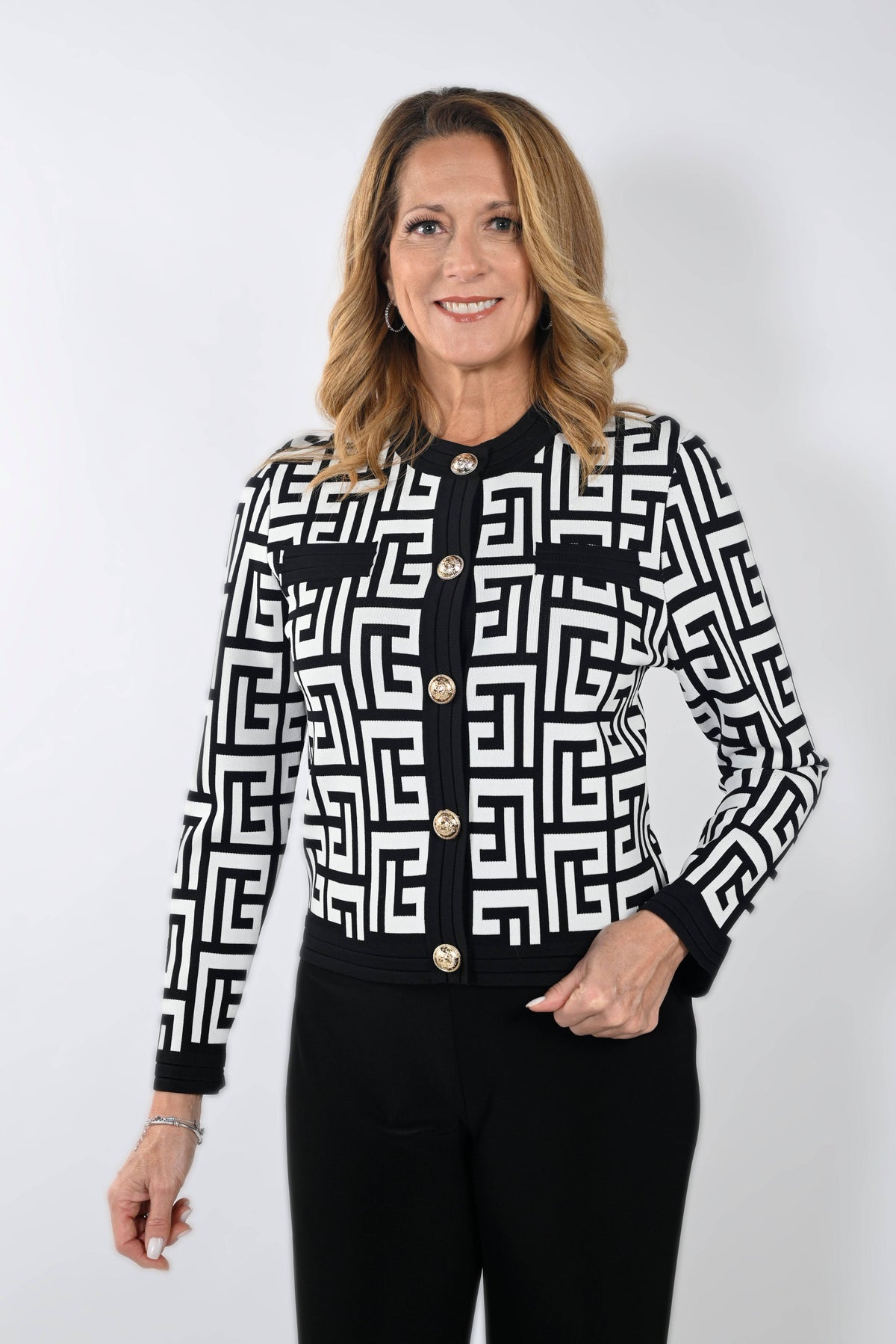 Frank Lyman 233848U Women's Button Up Black & White Print Cardigan | Sweaters - NORMA REED