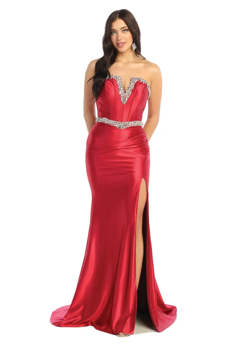 Cindy Collection 50496 Shining Crystal Bust Slit Leg Dress Norma Reed