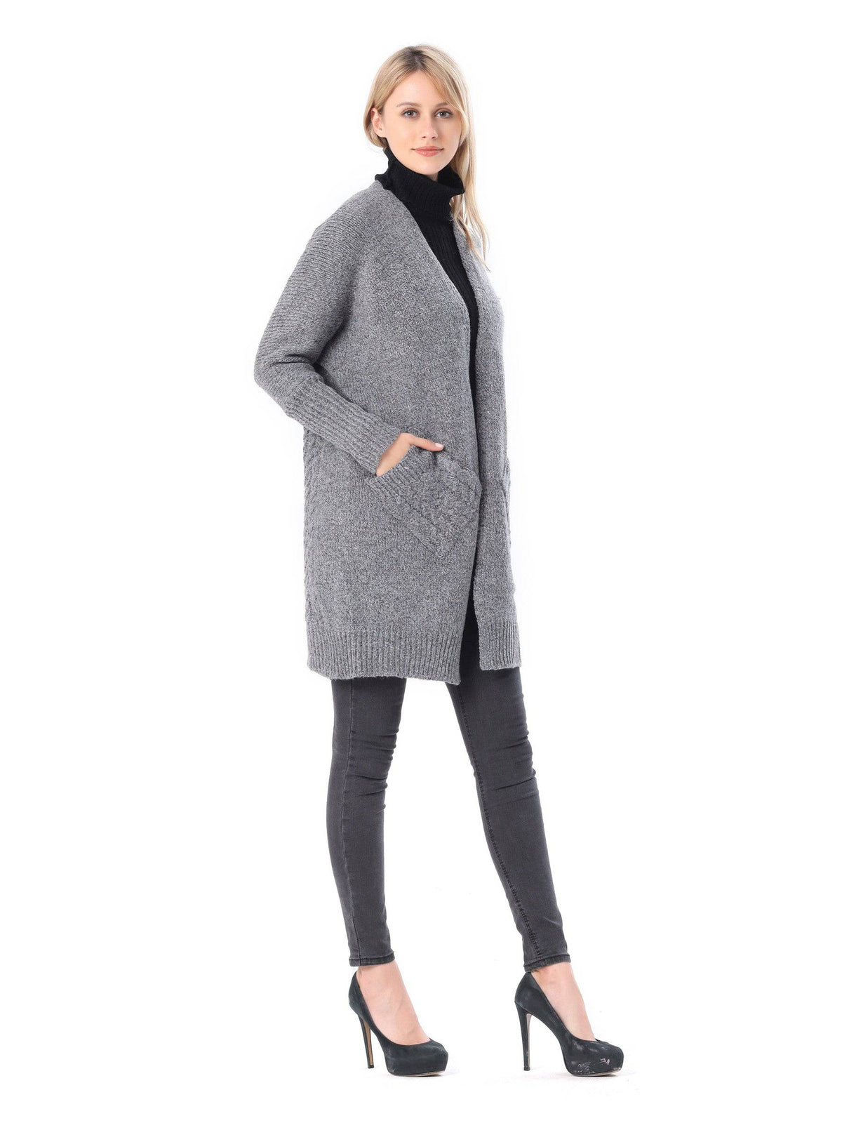 Women's Open Front Knitted Dark Grey Sweater | Sweaters & Cardigans - NORMA REED
