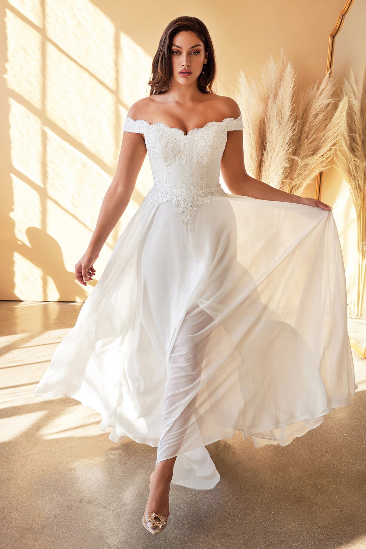 Ladivine 7258W Lace & Chiffon Floral Wedding Dress - NORMA REED