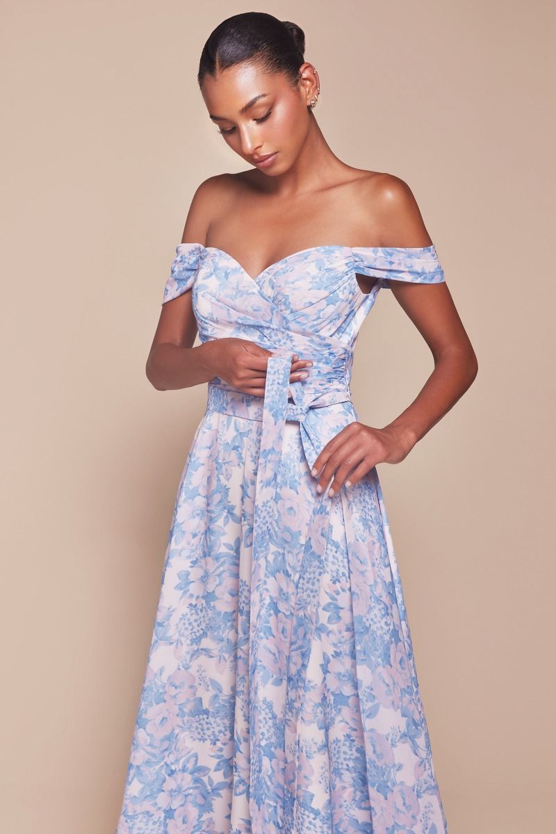 Ladivine 7441 Off Shoulder Satin Floral Printed A Line Dress - NORMA REED