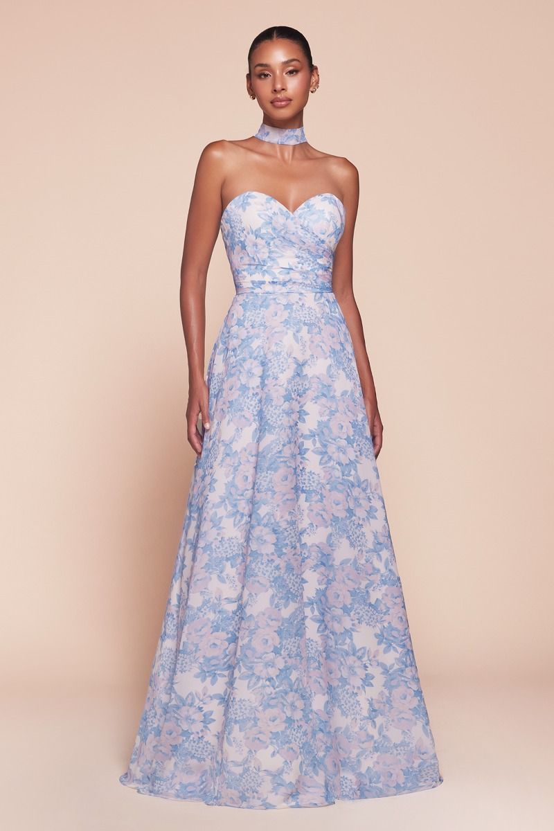 Ladivine 7443 Strapless A Line Floral Printed Satin Dress - NORMA REED