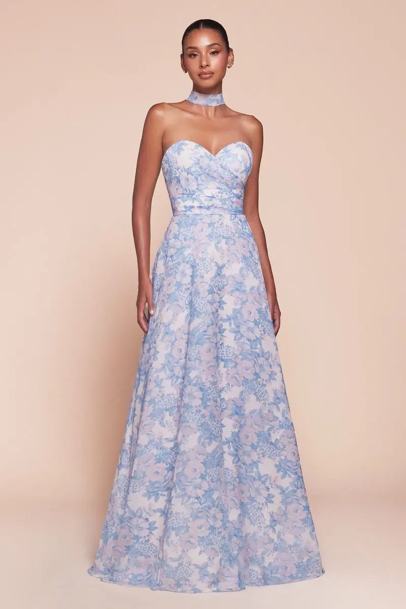 Ladivine 7443 Strapless A Line Floral Printed Satin Dress