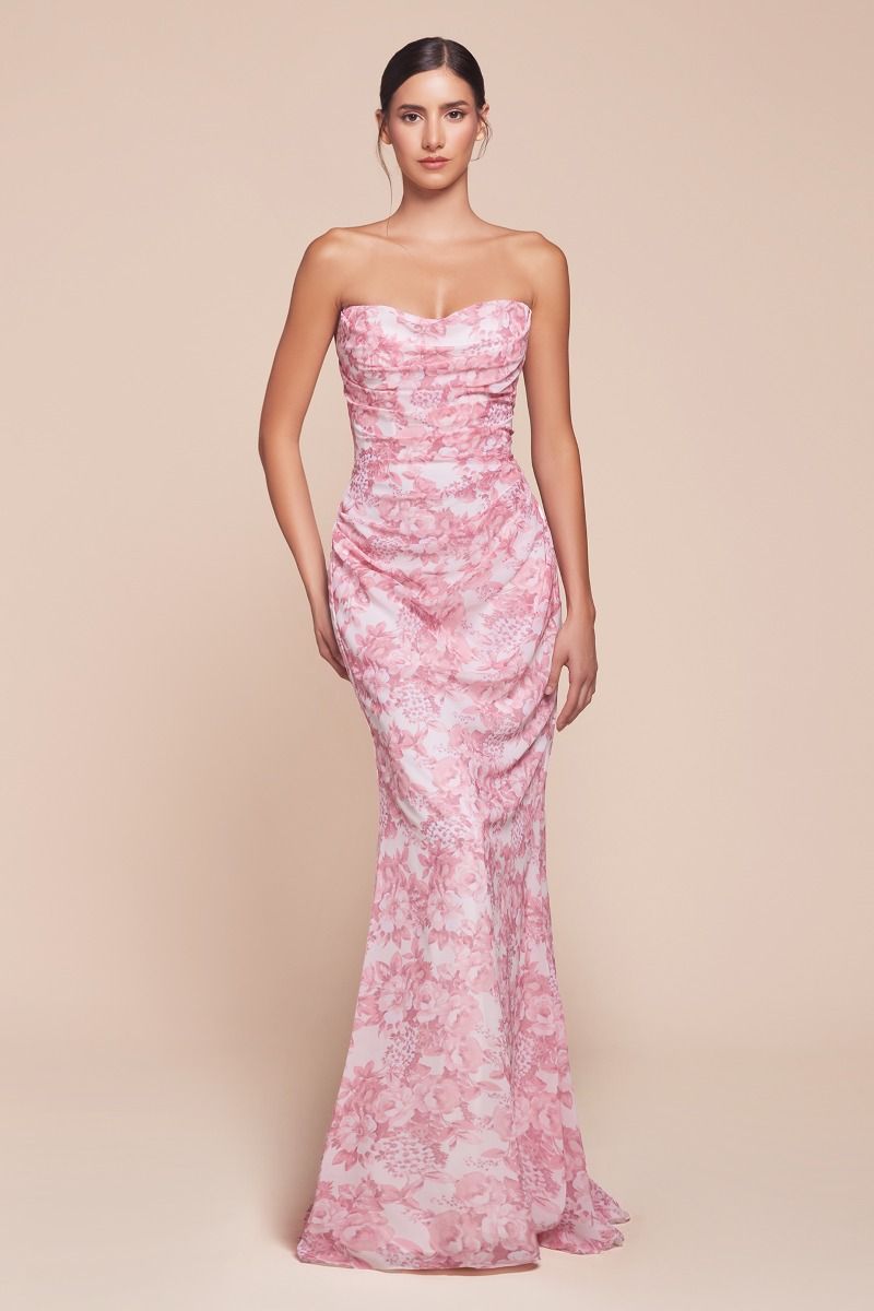 Ladivine 7445 Fitted Strapless Soft Satin Printed Dress - NORMA REED