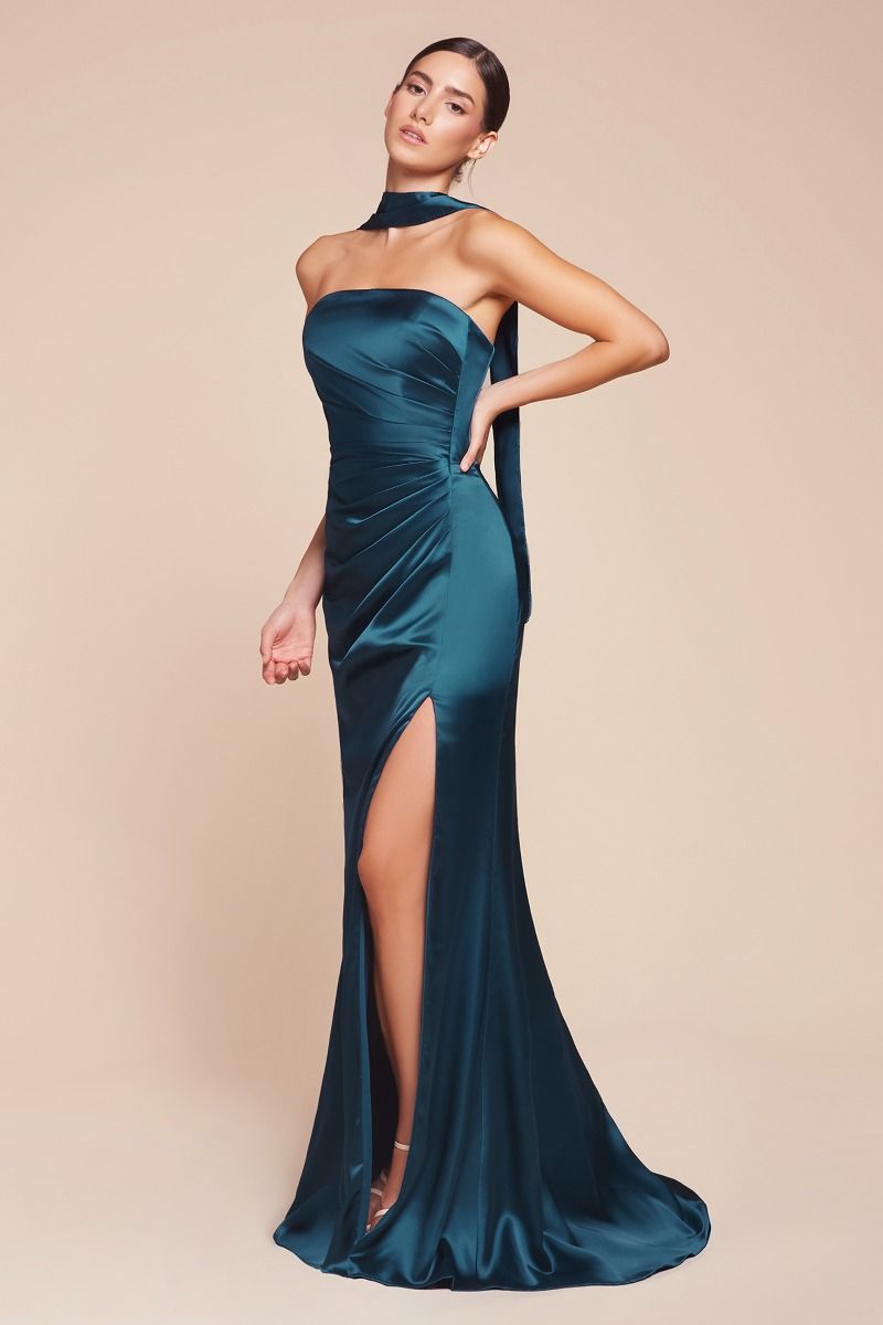 Ladivine 7451 Ruched Strapless Luxe Satin Dress & Sash - NORMA REED