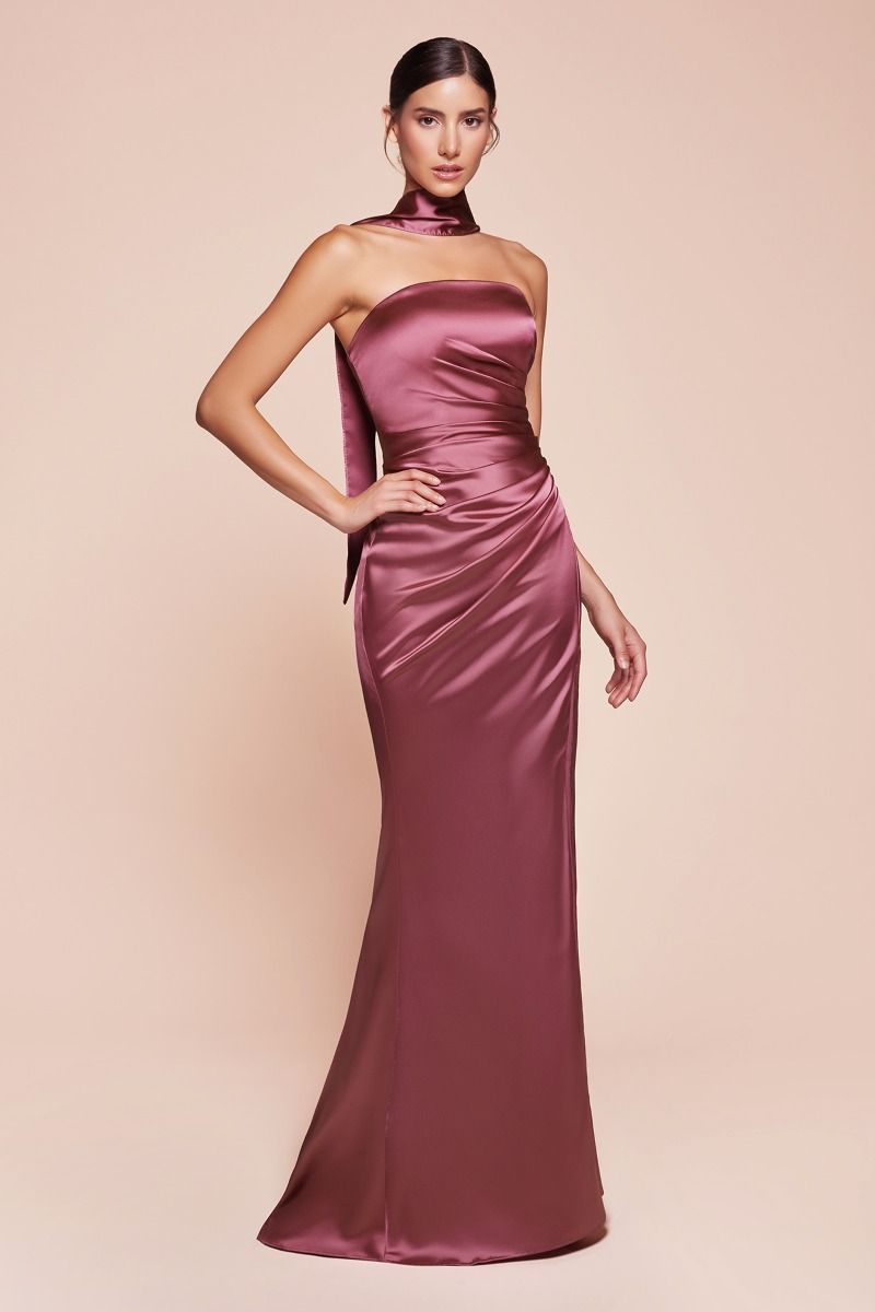 Ladivine 7451 Ruched Strapless Luxe Satin Dress & Sash - NORMA REED