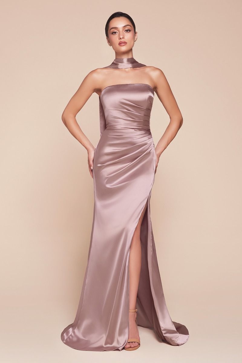 Ladivine 7451 Ruched Strapless Luxe Satin Dress & Sash - NORMA REED