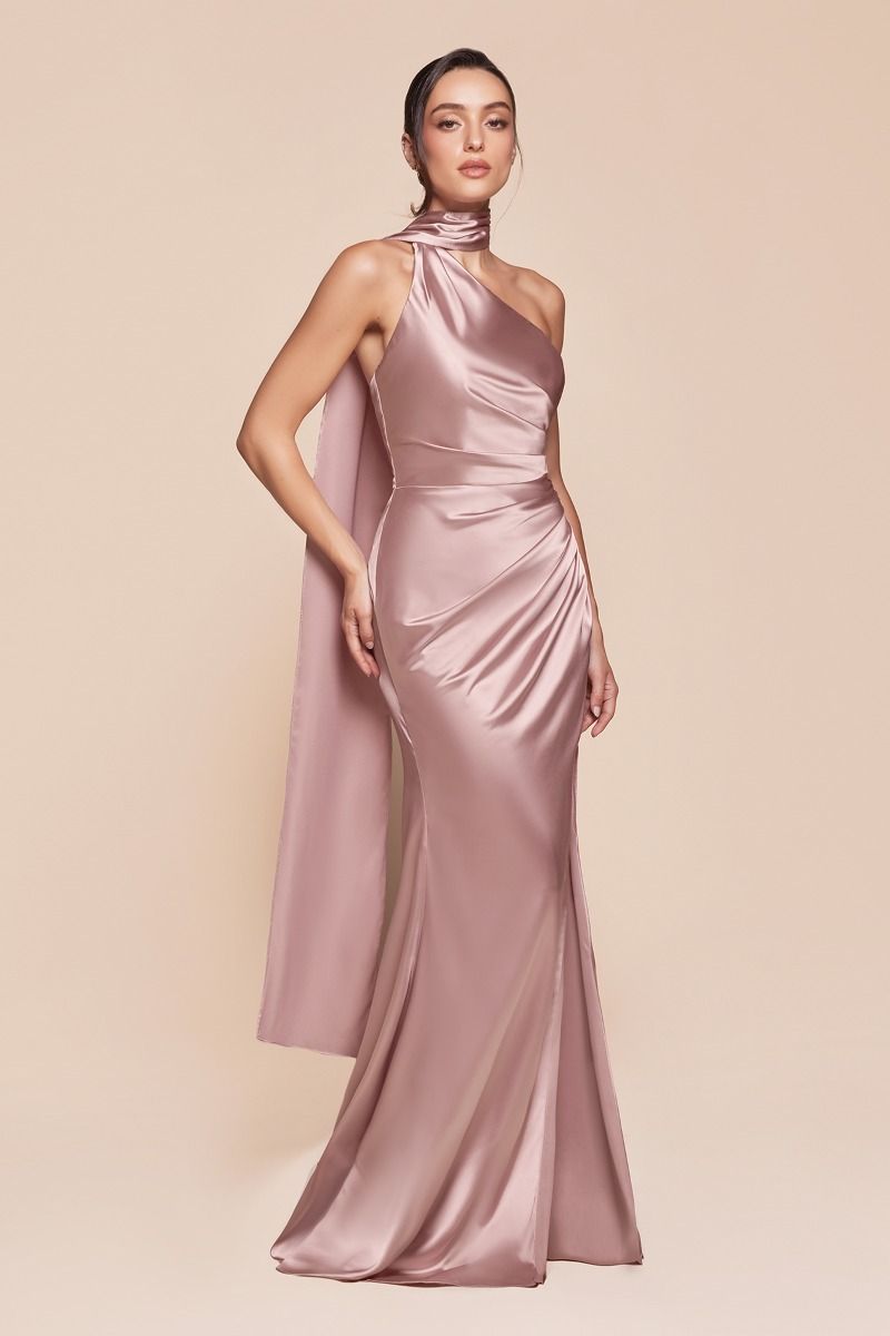 Ladivine 7454 One Shoulder Luxe Satin Fitted Gown - NORMA REED